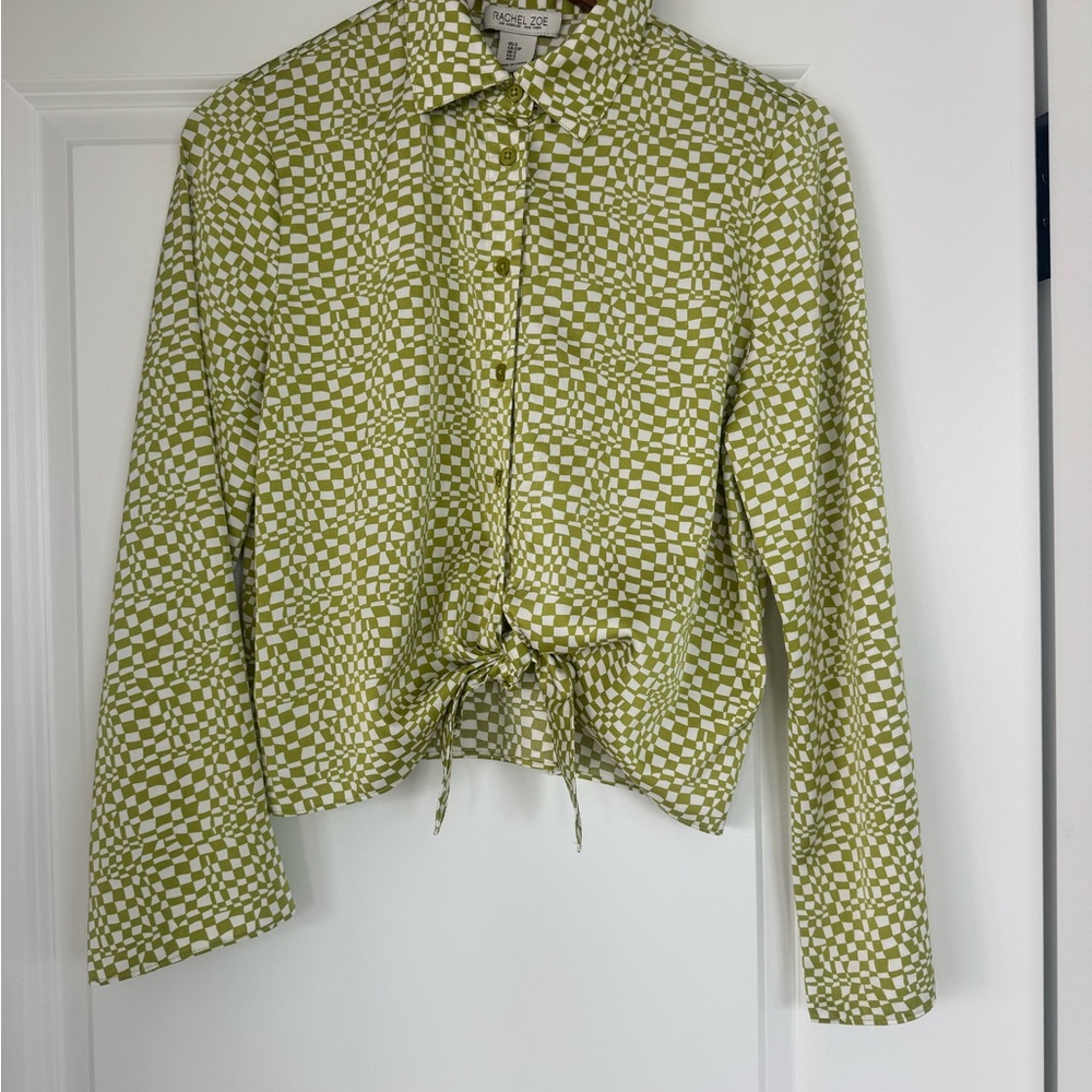 Rachel Zoe Green Checkered Button Down Shirt Size Small